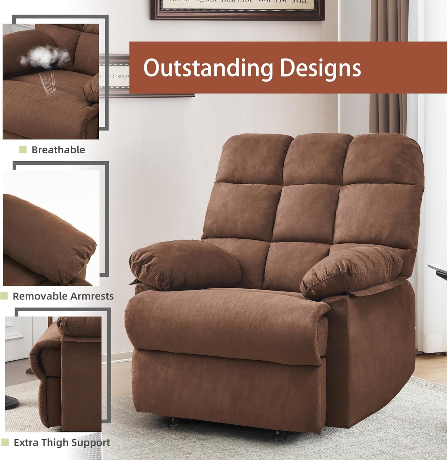 Rocker Recliner Chair, Overstuffed Manual Rocking Recliner for Adults, Upholstered Comfy Soft Fabric Living Room Reclining Sofa Chair (Brown Fabric)