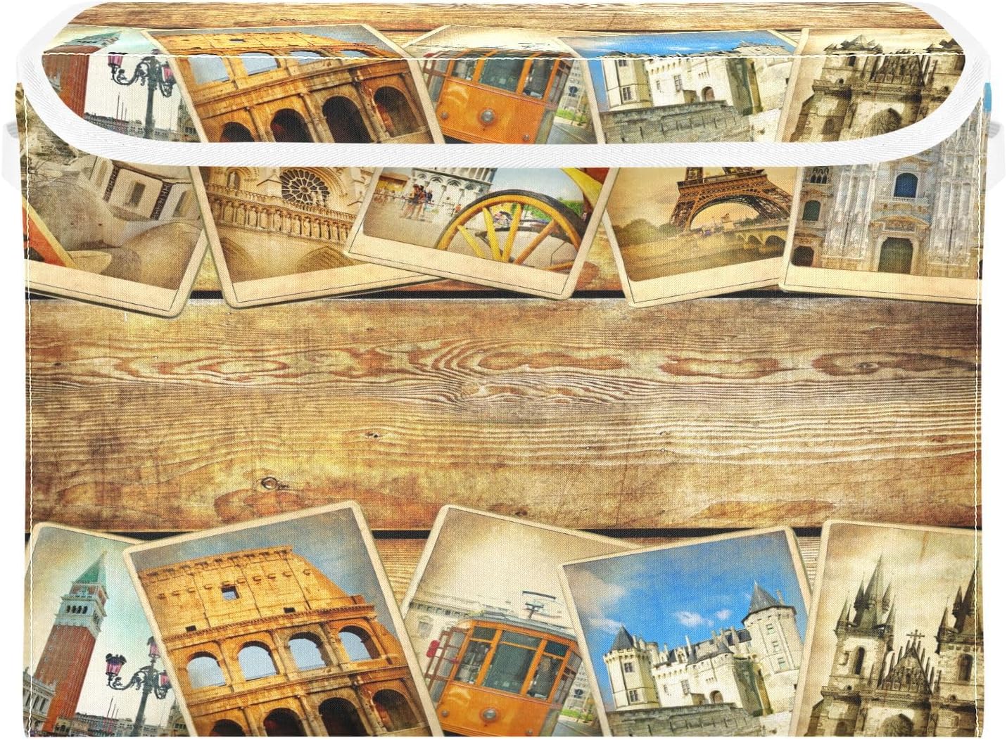 susiyo Vintage Parisian Attractions fabric storage baskets with lids,Collapsible Storage Boxes,Foldable storage boxes with handles for Home,Office,Closet Organization