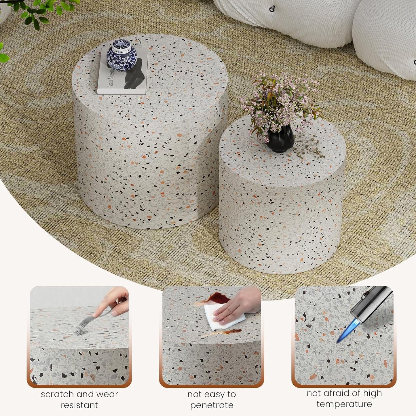 Terrazzo Round Nesting Coffee Tables 2 Piece Set - Contemporary Design, Sturdy Build, Multifunctional for Living Room, Office, and Balcony Use (Terrazzo 18.1in)