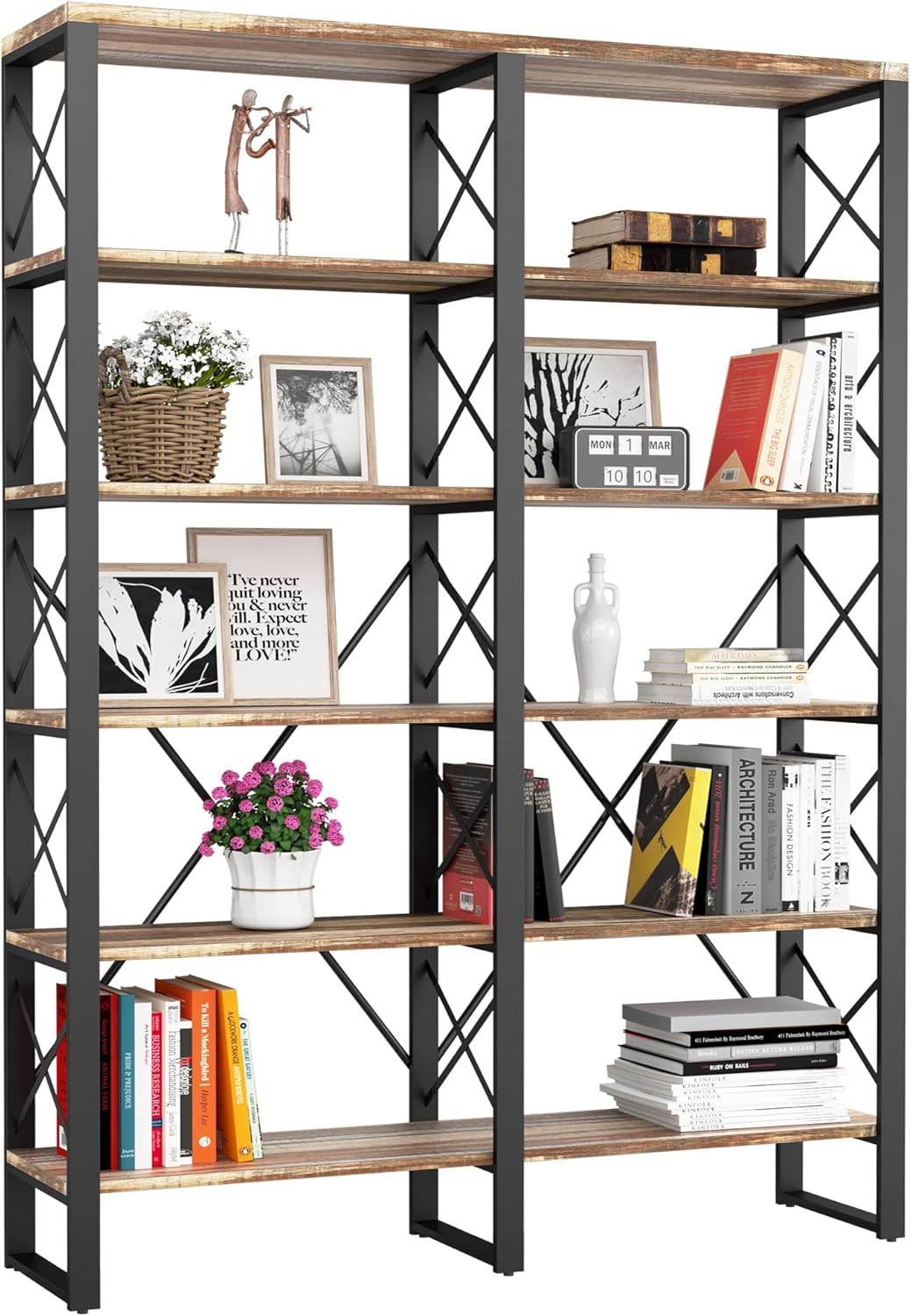 IRONCK Bookshelves Double Wide 6-Tier 76" H, Open Large Bookcase, Industrial Style Shelves for Home Office, Easy Assembly