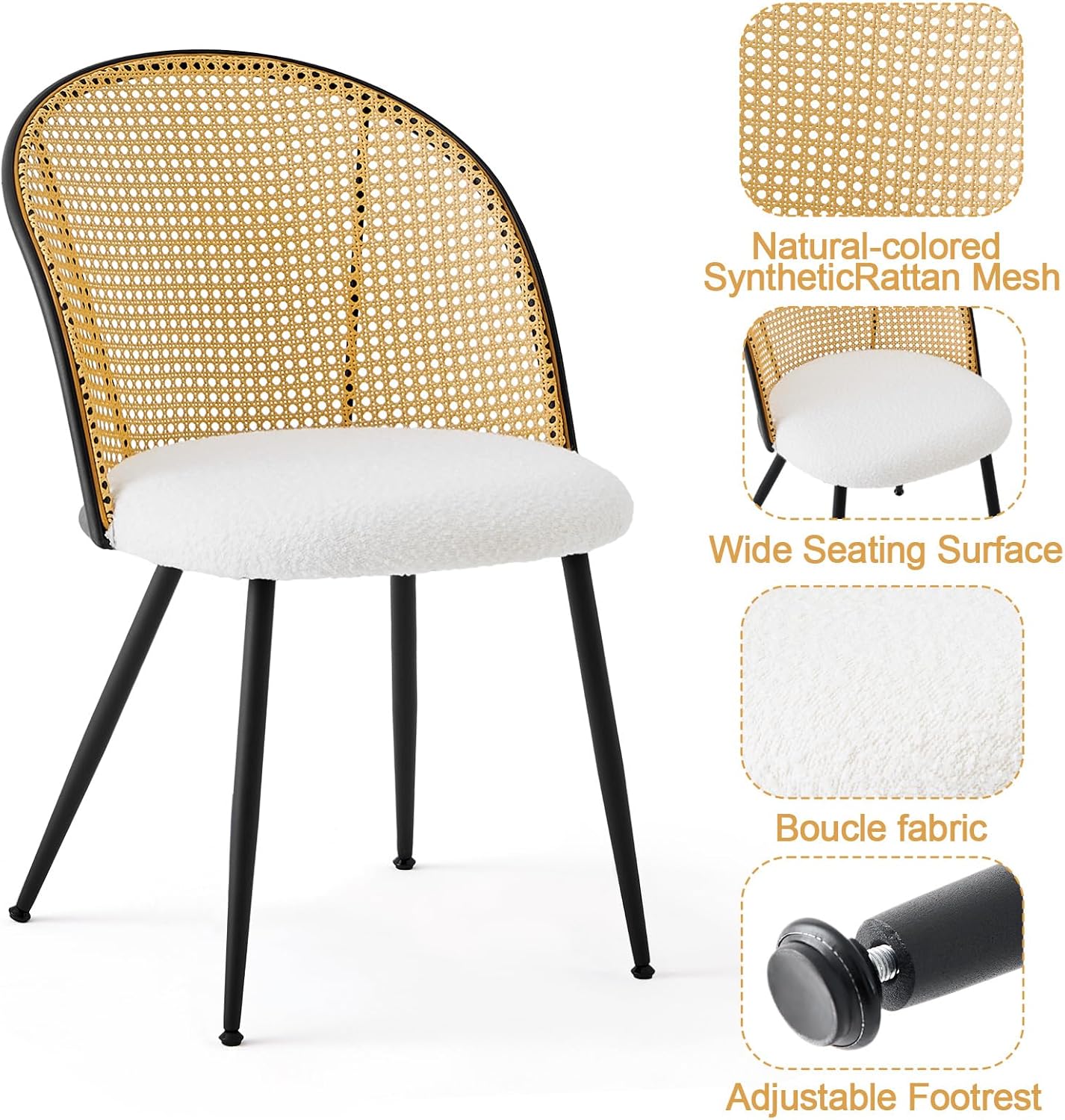 Rattan Dining Chairs Set of 4, Mid-Century Modern Kitchen Dining Room Chairs with Full Cane Backrest Armless Upholstered Farmhouse Boucle Dining Chairs with Metal Leqs for Dining Room, White