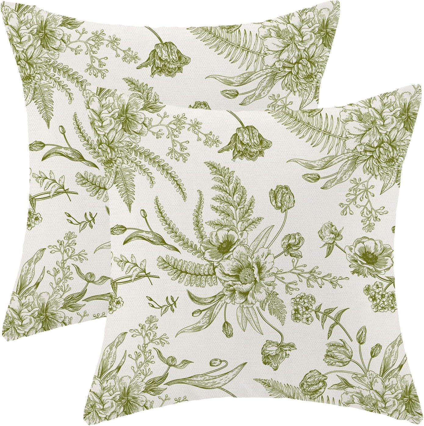 CXMEIFLY Sage Green Floral Leaves Chinoiserie Decorative Throw Pillow Covers Set of 2, 18x18 Inch, Perfect for Living Room, Bedroom, Outdoor Gardens
