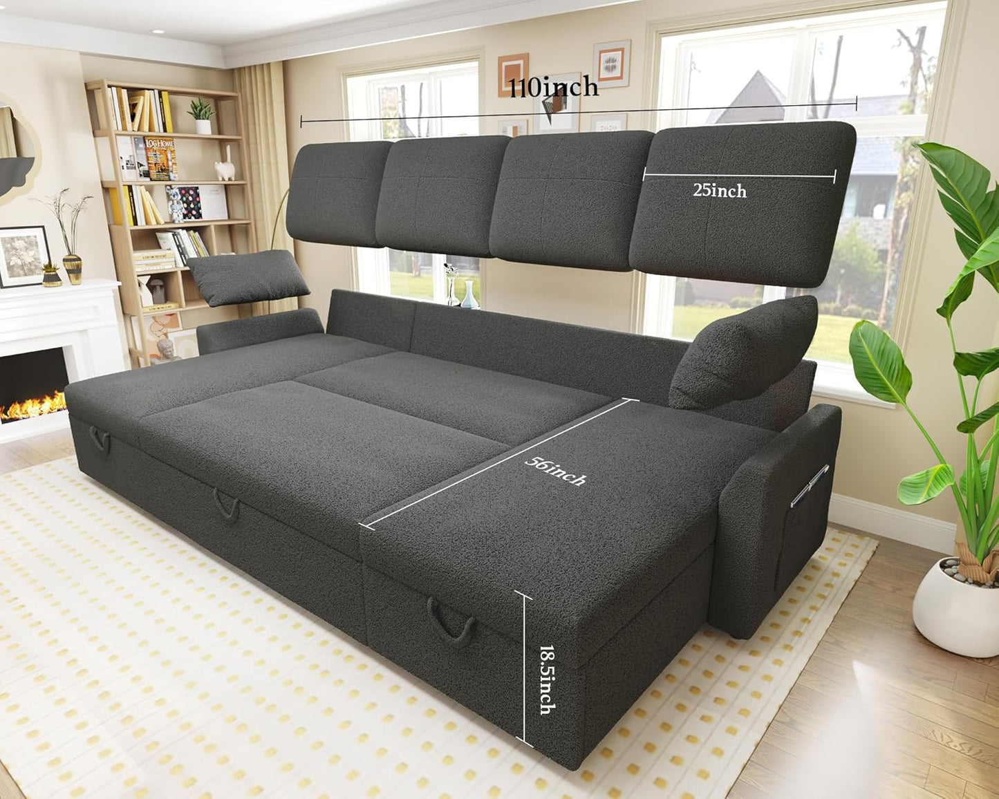 VanAcc Sleeper Sofa, 110 inch Oversize - 2 in 1 Pull Out Bed, Sectional Sleeper Sofa with Double Storage Chaise for Living Room, Grey Boucle Couch