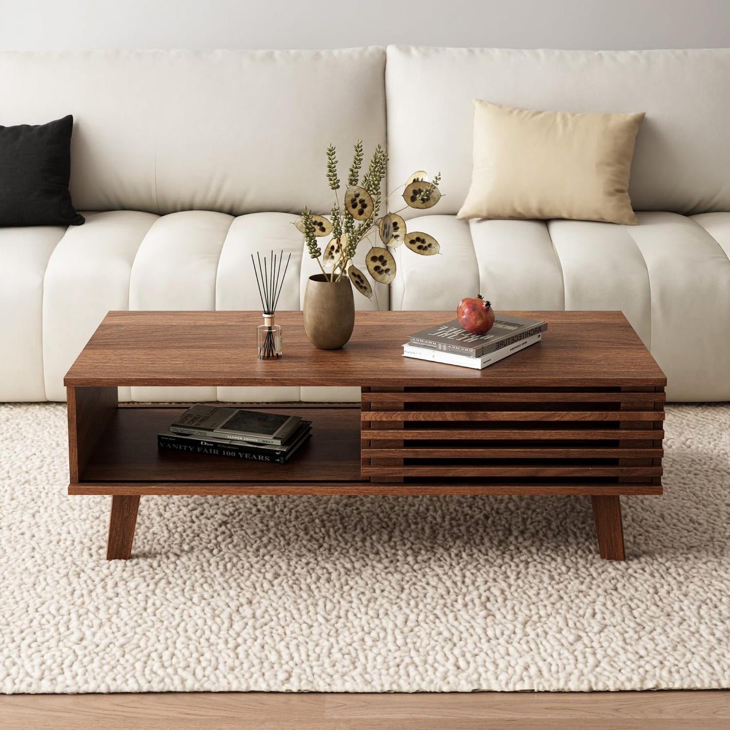 Mid Century Coffee Table with Storage & Sliding Fence Door, Modern Coffee Tables for Living Room, Walnut Finish