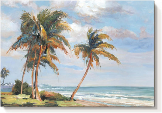 cozy country Palm Tree Wall Art 16"x11" - Coastal Pictures Beach Canvas Ocean Decor - Nautical Artwork Seascape Painting for Bathroom, Bedroom, Sea House
