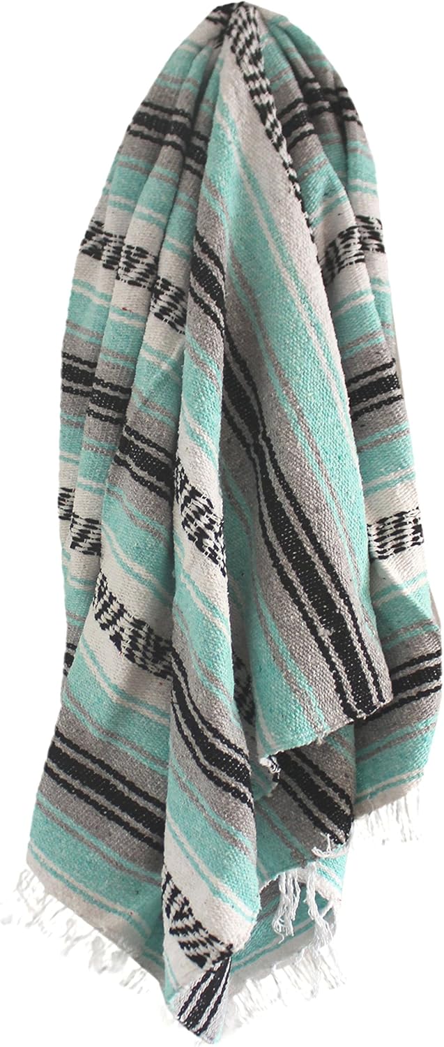 Del Mex Classic Mexican Blanket, Large Authentic Woven Falsa Throw (70"x50"), Artisan Southwest Décor for Beach, Yoga, Outdoors (Mint/Gray)