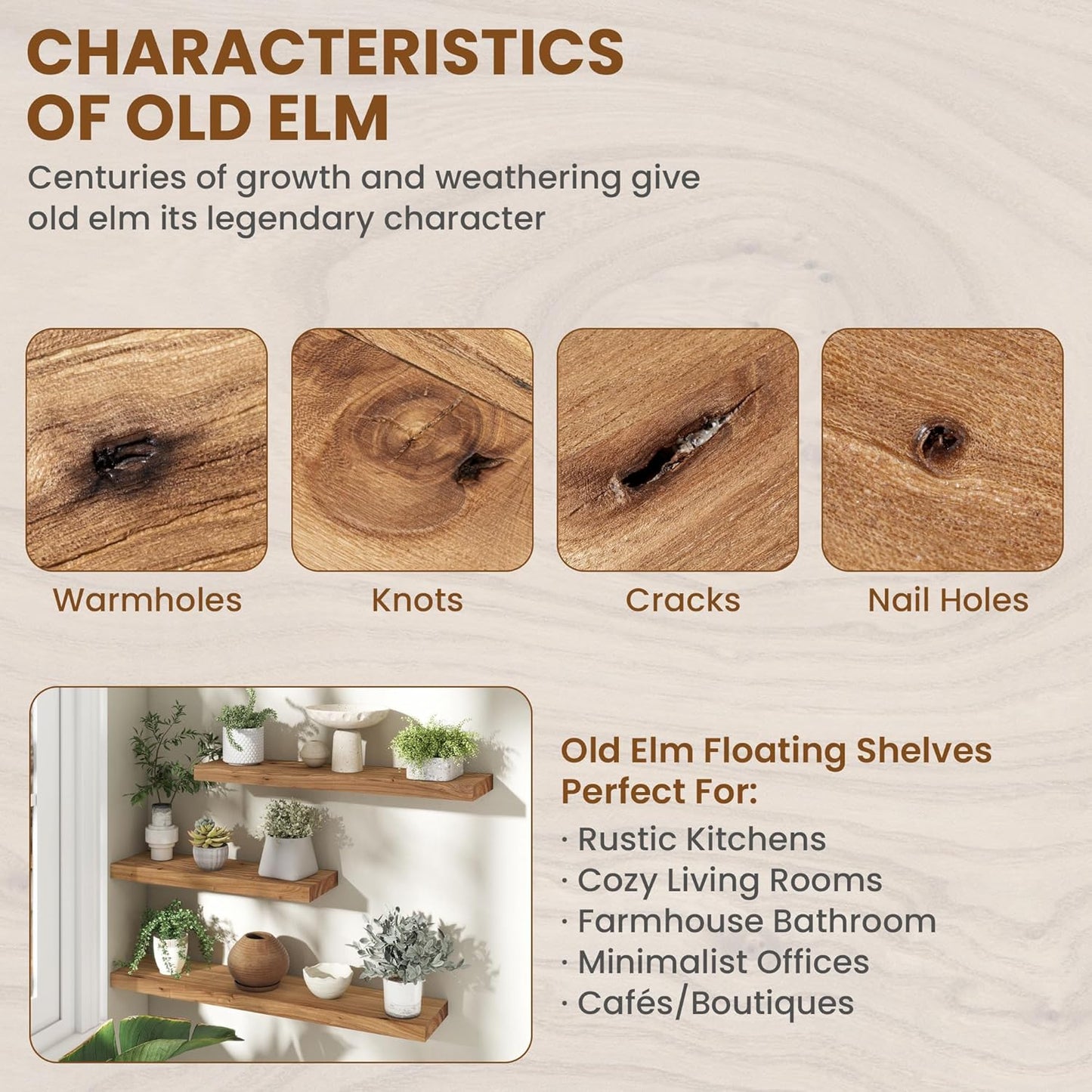 Fun Memories Rustic Elm Wood Floating Shelves for Wall, 48" Floating Shelf Wall Mounted, Long Floating Disply Shelf with Heavy-Duty Bracket for Living Room, Kitchen, Bathroom, Natural Color, Set of 1