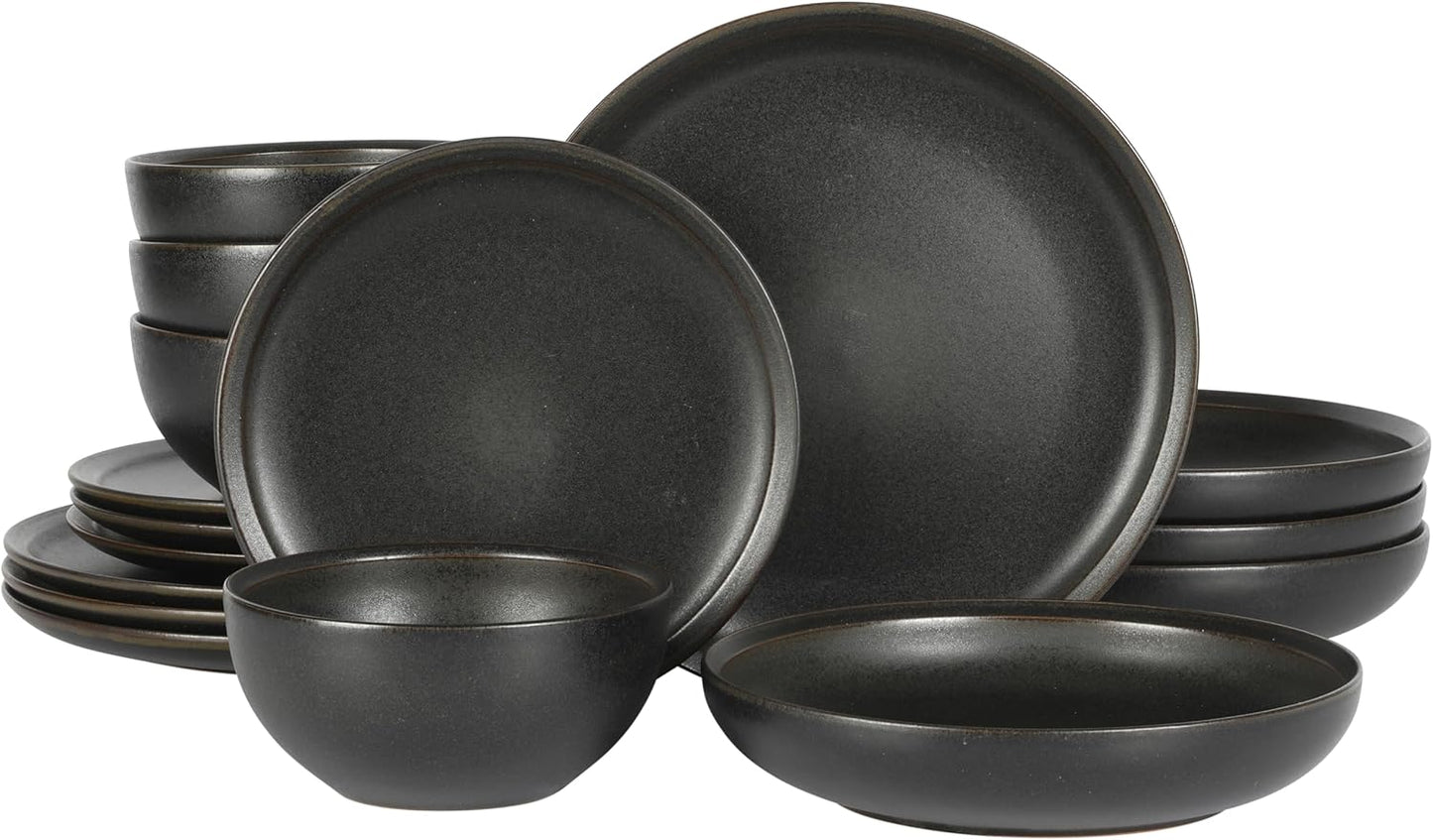 Gibson Elite Beckett Stoneware Matte Reactive Glaze 16 Piece (Service for 4) Plates and Bowls Dinnerware Set - Black