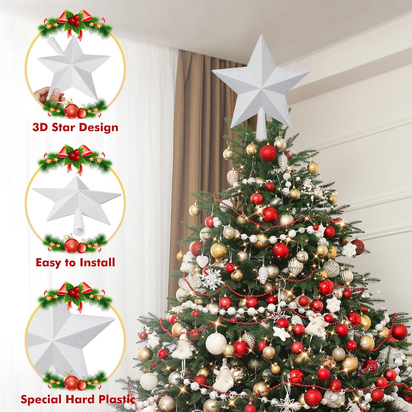Christmas Tree Topper Star, 10 in White Christmas Tree Decorations, Hard Star Tree Topper Xmas Decorations Glitter Christmas Ornament for Holiday Home Xmas Party Decor Festival Gathering Ornament