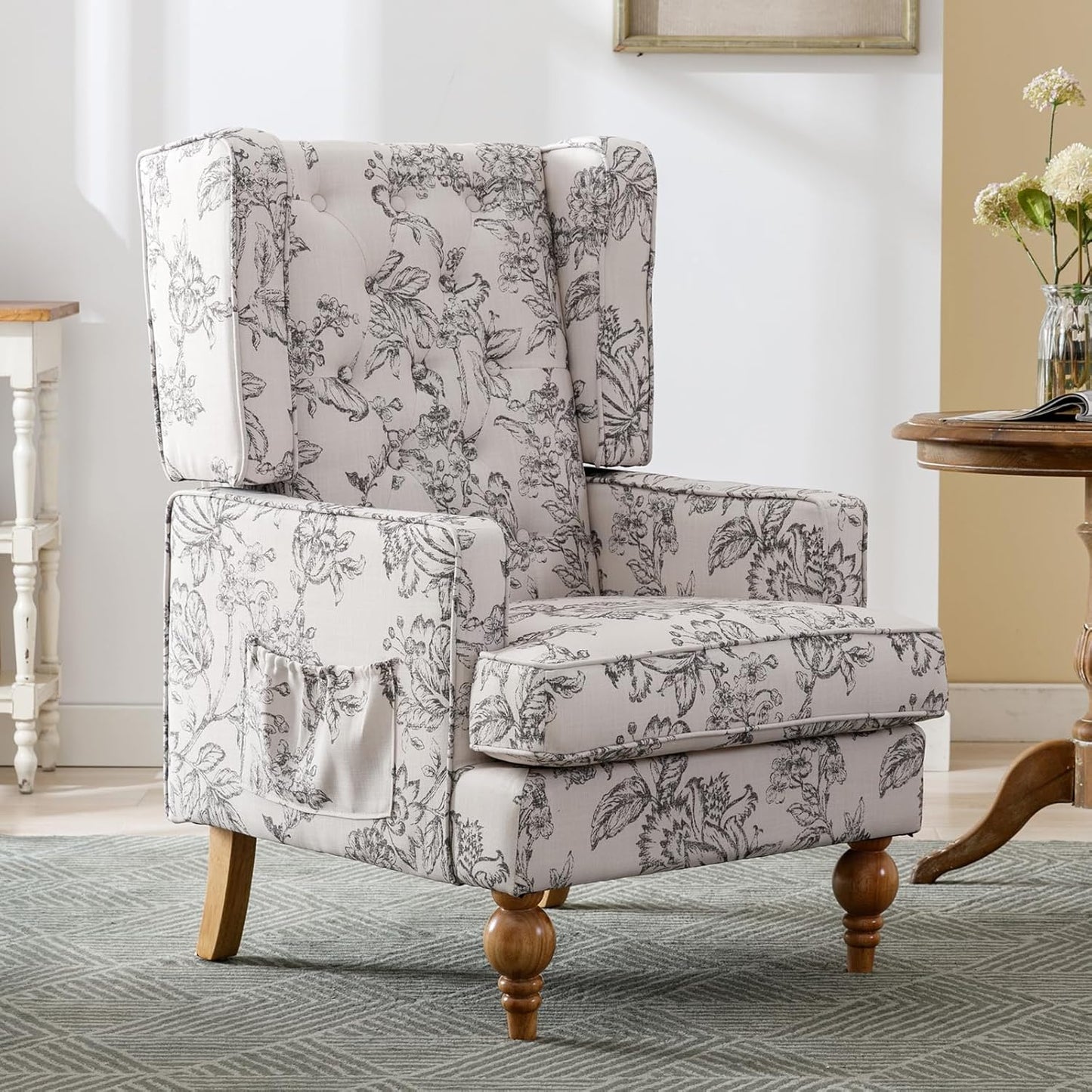 DUOMAY Tufted Accent Chair, Modern Linen Upholstered Wingback Side Arm Chair for Living Room Bedroom with Wood Legs, Comfy Reading Guest Chair for Office, Beige Flower Pattern