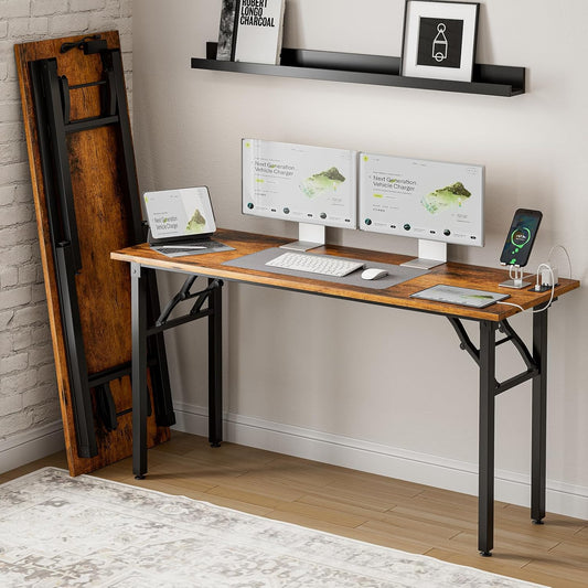 Frylr Small Folding Computer Desk – 55.1 Inch Portable Table for Craft and Study, Lightweight Desk for Small Spaces, Foldable Laptop Table Built-in AC/USB Outlets for Convenience, Rustic Brown