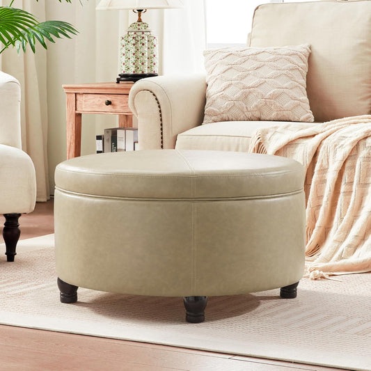 30-Inch Round Storage Ottoman, Modern Ottoman Coffee Table with Removable Top for Living Room, Bedroom, Office (Khaki)