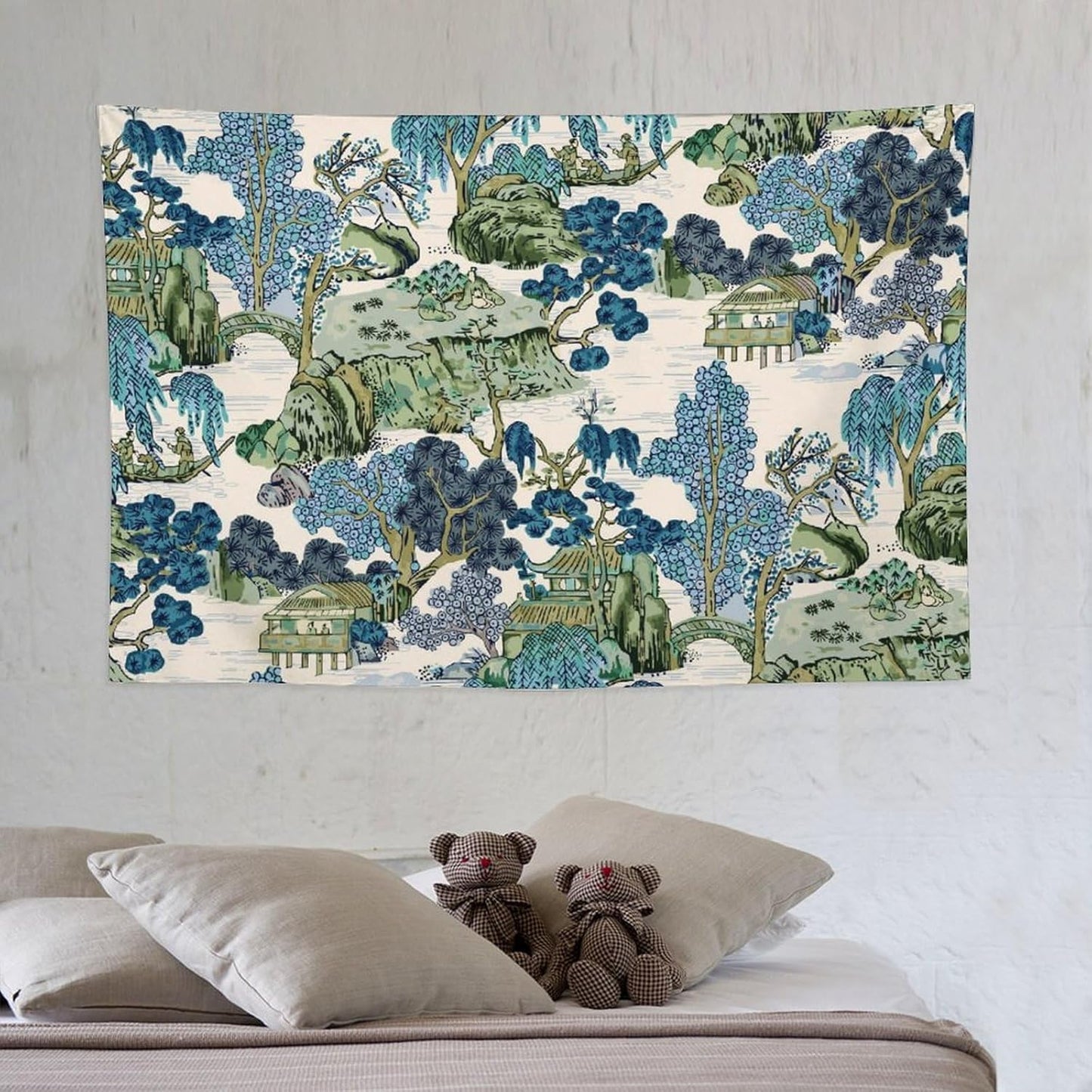 Chinoiserie Tapestry,Asian Watercolor Abstract Art Tapestry,Asian Japanese Wall Tapestry, Nature Landscape Tapestries for Bedroom Living Room Decor 60"x40"