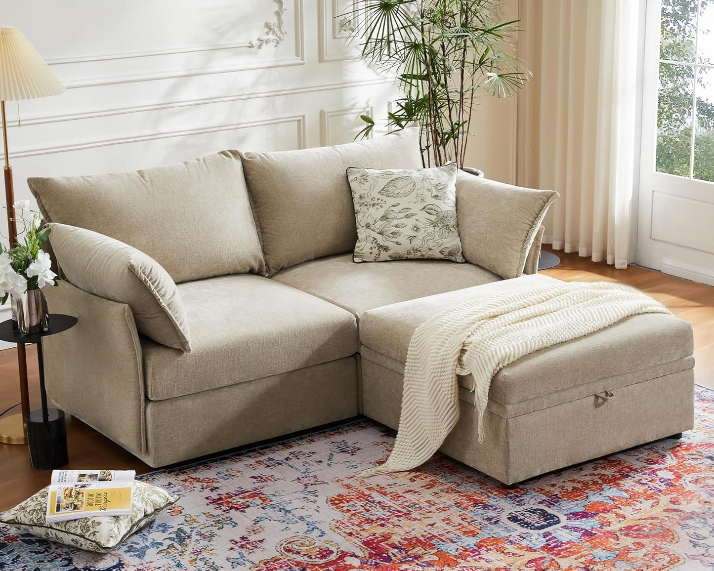 Luxury Modular Sectional Sofa, L-Shaped 3-Seat Couch with Storage Ottoman Deep Seat & Reversible Chaise Lounge Chenille Beige for Compact Spaces, Apartments, Dorm