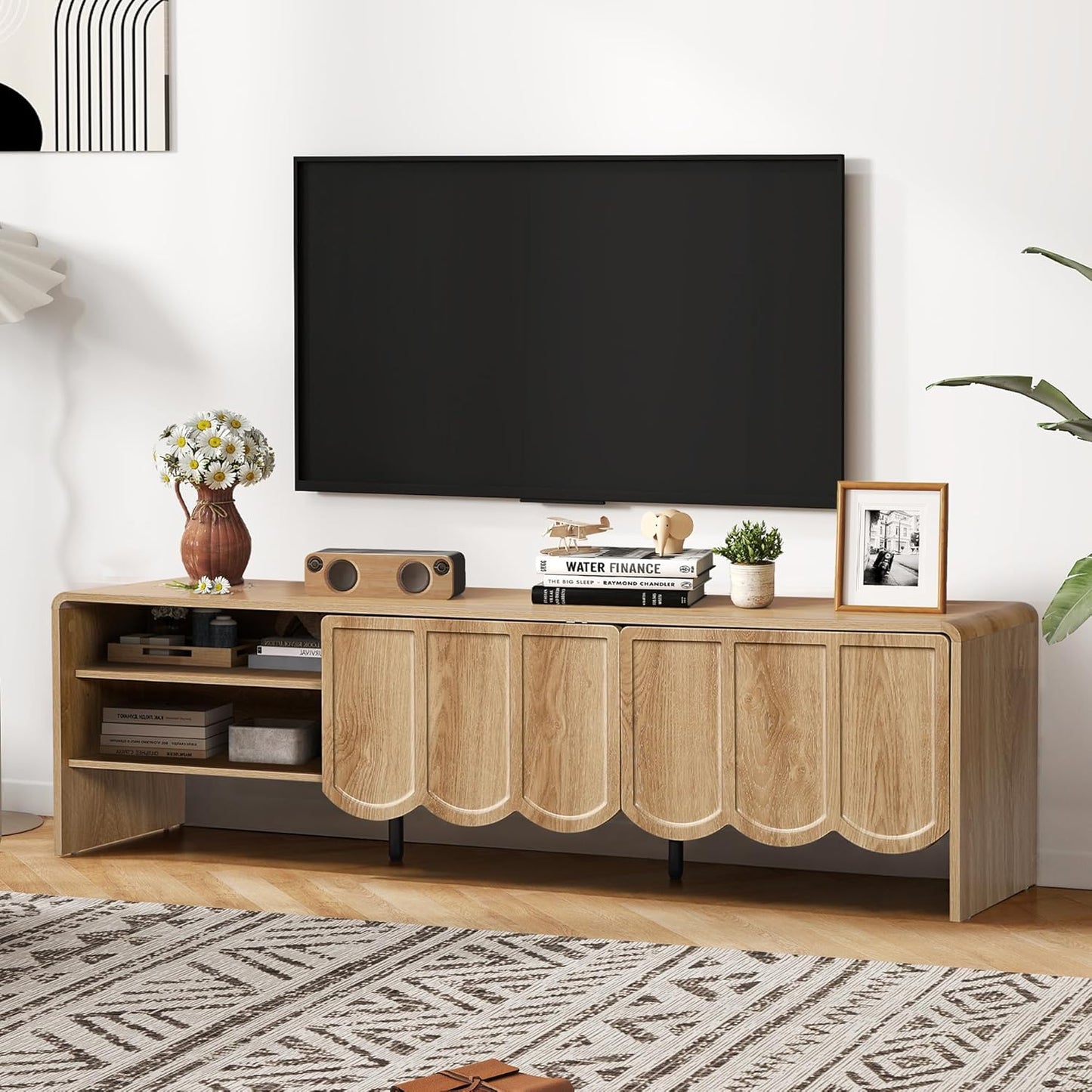 ORRD 63'' TV Stand, Modern TV Console Table Wave Panel Television Stands Entertainment Media Center with Storage Compartment and Sliding Door for Living Room (Natural)