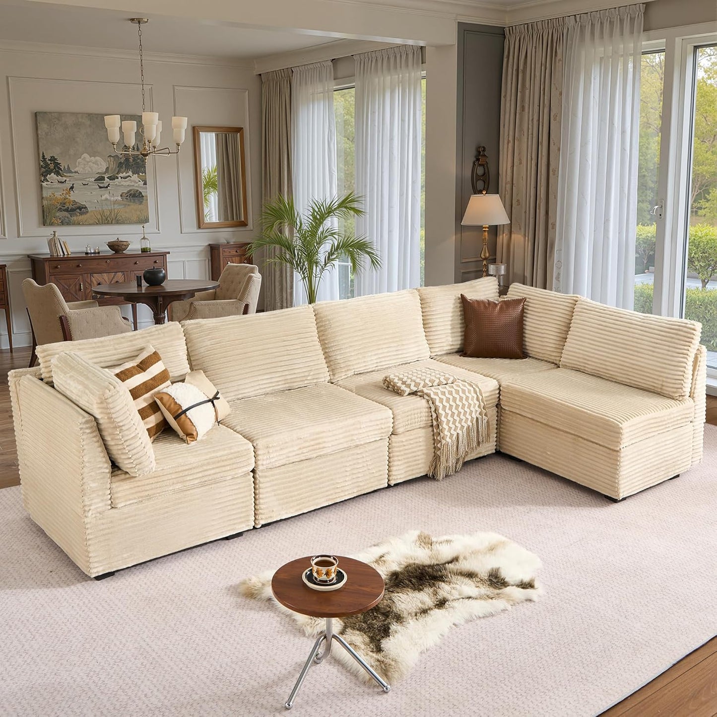 ovios Sectional Sofa Couch with L-Shape Chaise Oversized, Comfy Modular Cloud Couches with Deep Seat, Modern Upholstered Plush Corduroy Sofas Set for Living Room, 5-Seater, Beige
