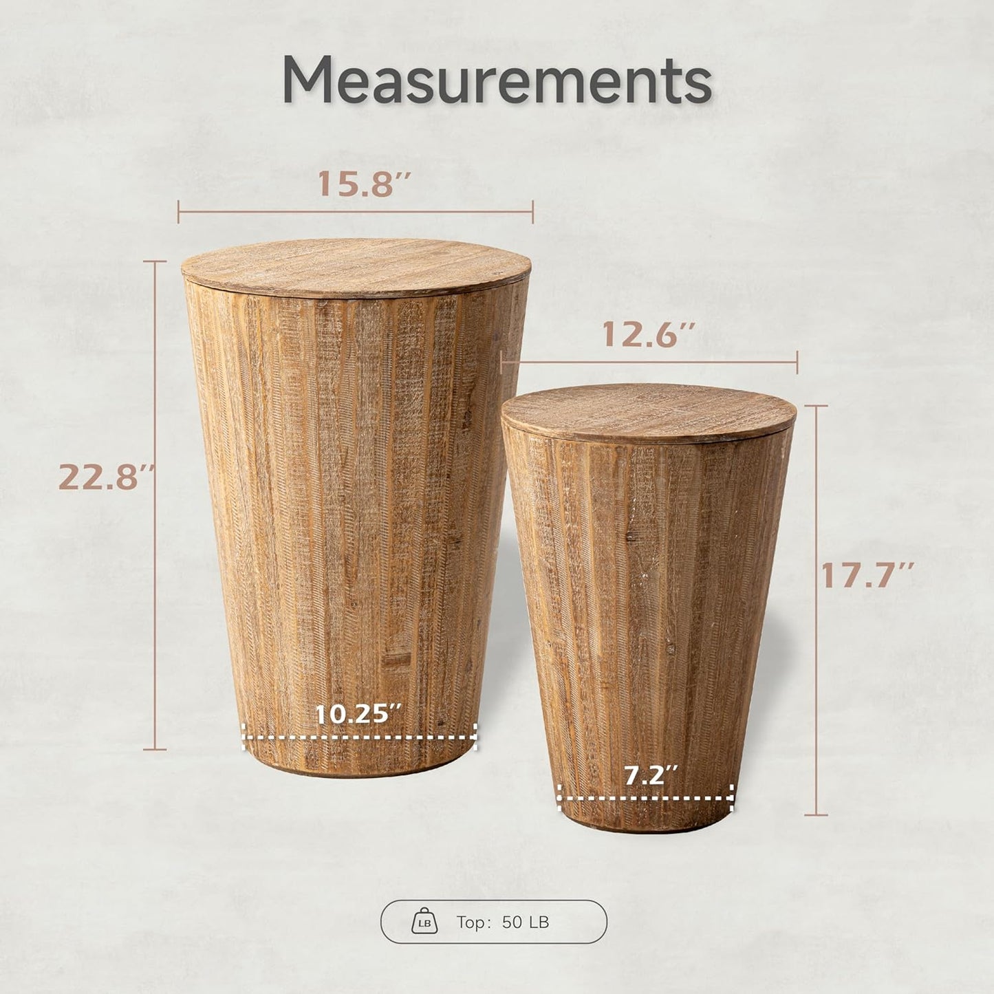 Farmhouse Nesting Barrel Side Table, Rustic Space Saving Storage End Table Set Fully Assembled, Natural Distressed Finish