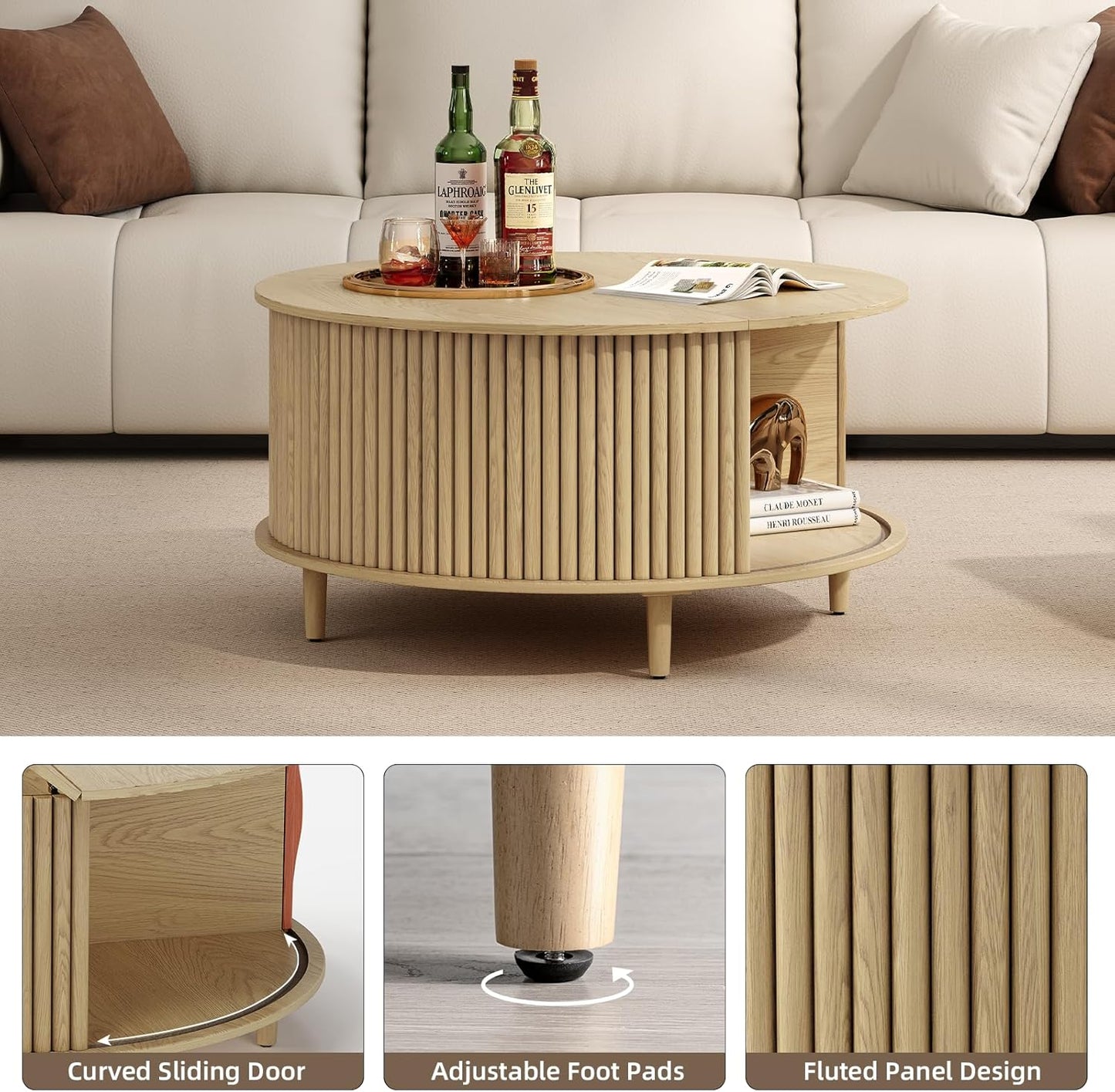 Round Coffee Table with Storage,Mid Century Modern Dining Table with Sliding Cabinet Door for Living Room,Home Small Space,31.5" Small Center Table,Oak