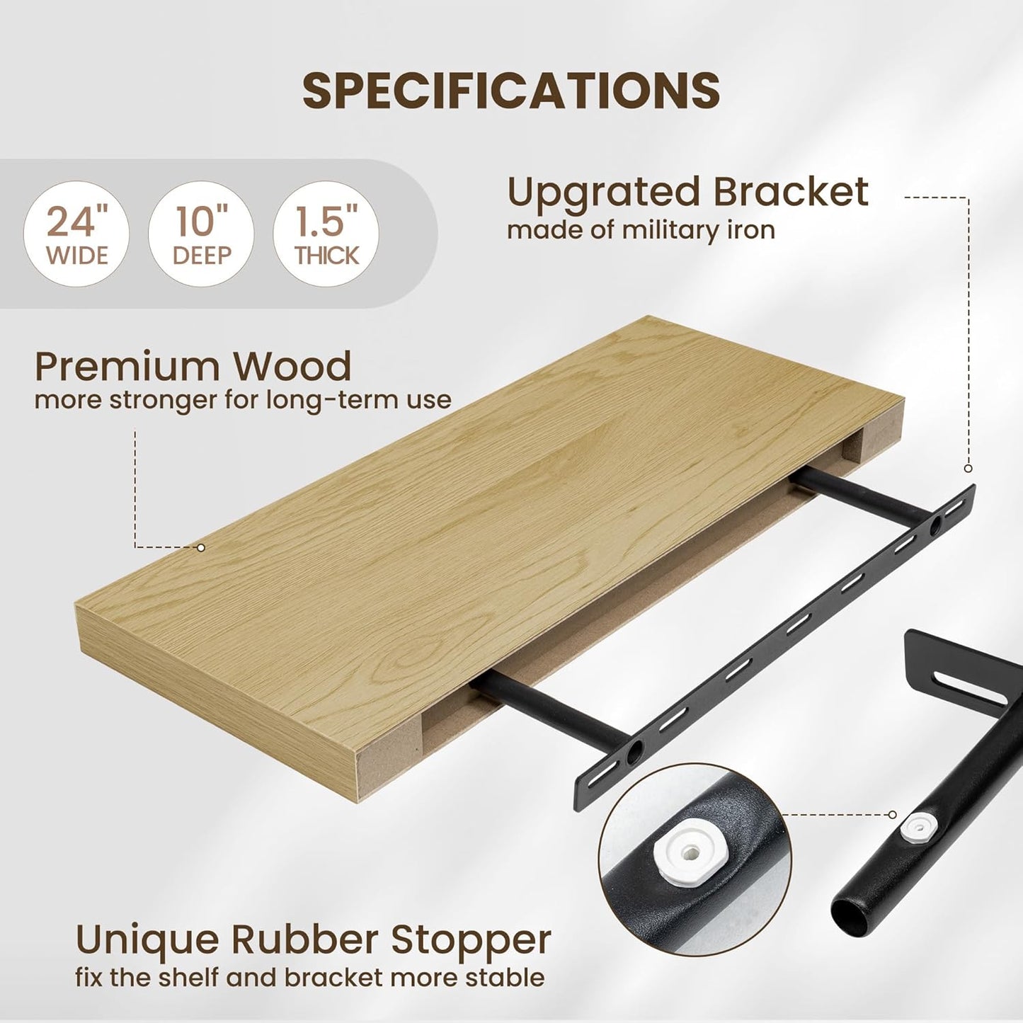 Fun Memories 24 Inch Floating Shelves Wall Mounted, 10 Inch Deep Wall Shelves, 24 x 10 Floating Shelf for Living Room Bathroom Bedroom, Oak, Set of 2