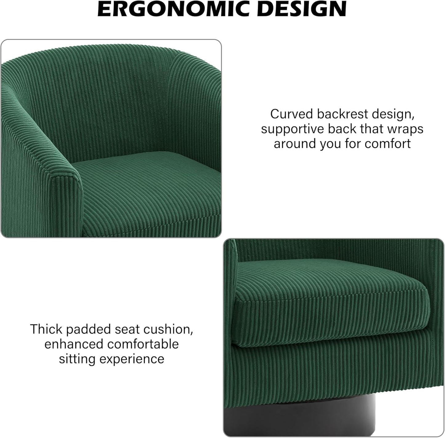 Swivel Barrel Accent Chair, Modern Round Corduroy Fabric Arm Chair for Living Room, Bedroom, Comfy Club Reading Chairs for Adults (Corduroy Dark Green, Set of 2)