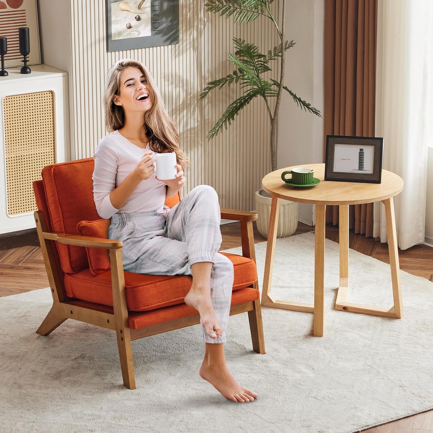 Karl home Accent Chair Wide Armrest Mid-Century Lounge Chair Linen Fabric Armchair with Lumbar Pillow & Solid Wood Frame for Living Room, Bedroom, Balcony, Burnt Orange