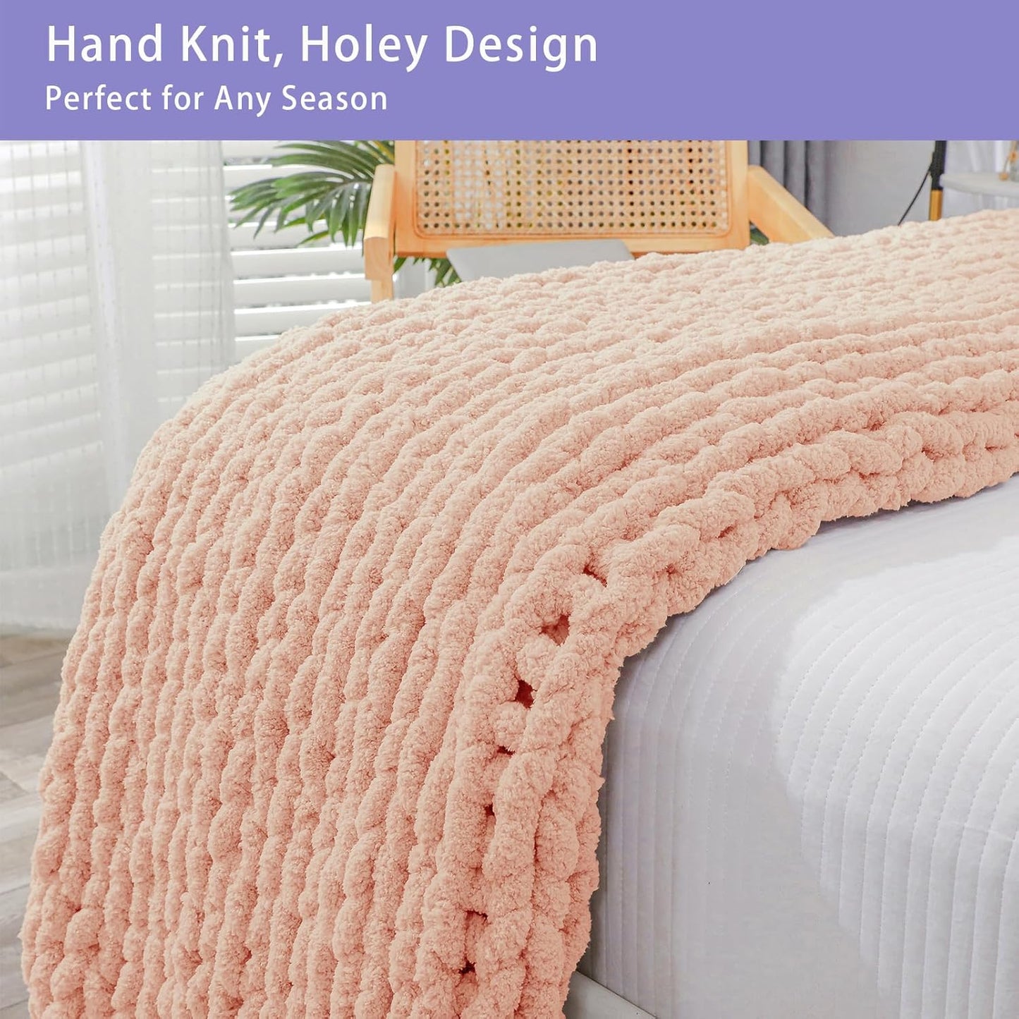 Bigacogo Chunky Knit Throw Blanket for Couch, 40x60 inches, 100% Hand Knitted with Thick Jumbo Chenille Yarn, Cozy Soft Large Rope Knot Cable Crochet Blankets for Sofa Bed Living Room, Peach Fuzz