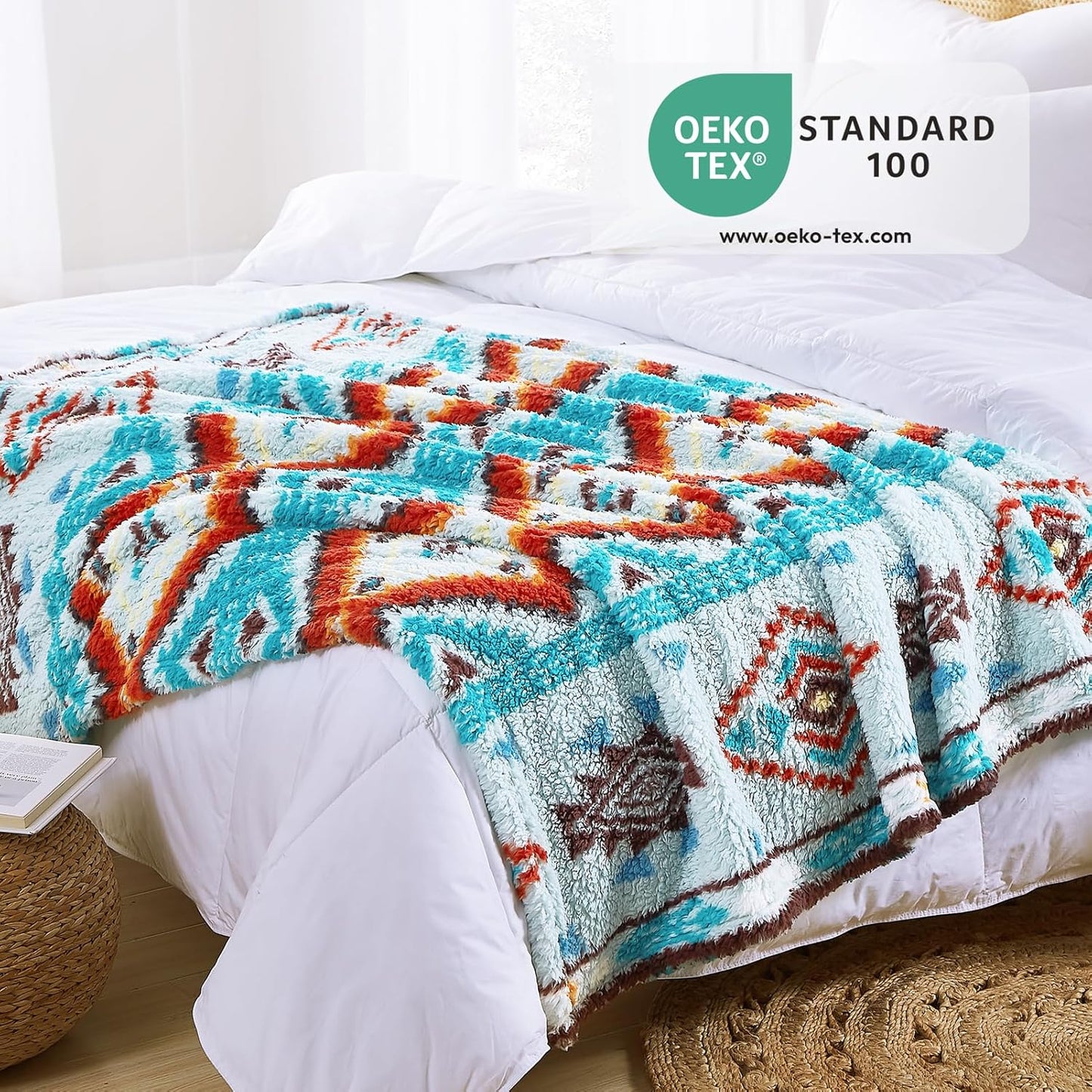 CASAAGUSTO Boho Sherpa Blanket,Teal Aztec Twin Blanket, Ultra Soft, Warm, Cozy, Plush, Thick Fleece Western Blanket for Couch, Bed, Sofa (Aqua 60 * 80 Inch)