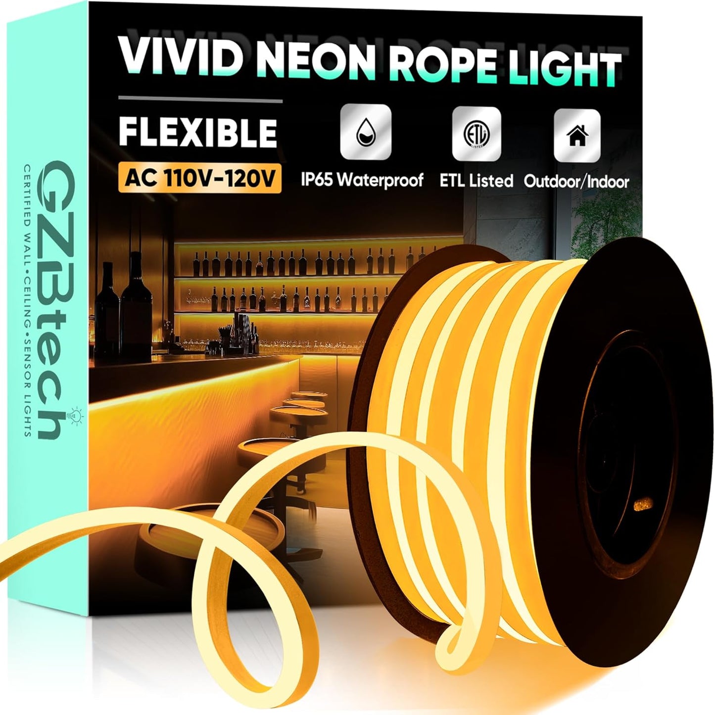 GZBtech Flexible LED Neon Rope Lights 16.4FT,AC 110-120V Waterproof Strip Light, 120LEDs/M Cuttable Connectable Neon Lighting for Indoor Outdoor Home Decor/Commercial Building Use-Amber 5M