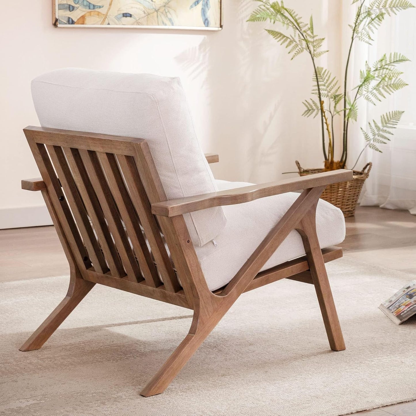 HNY Mid Century Modern Accent Chair, Farmhouse Retro Linen Upholstered Armchair for Living Room Bedroom, 23'' Seat Wide Leisure Slipper Chair with Wood Frame, White