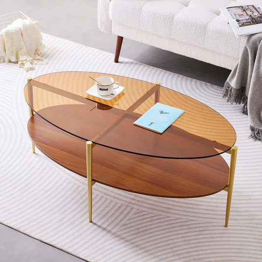 Oval Glass Coffee Table, Mid-Century Modern Design, L43 x W22 x H17 inch, 2-Tier Structure, Olive Shaped Amber Glass Top and Walnut Finish Wood Shelf, Tapered Legs with Gold Finish Frame