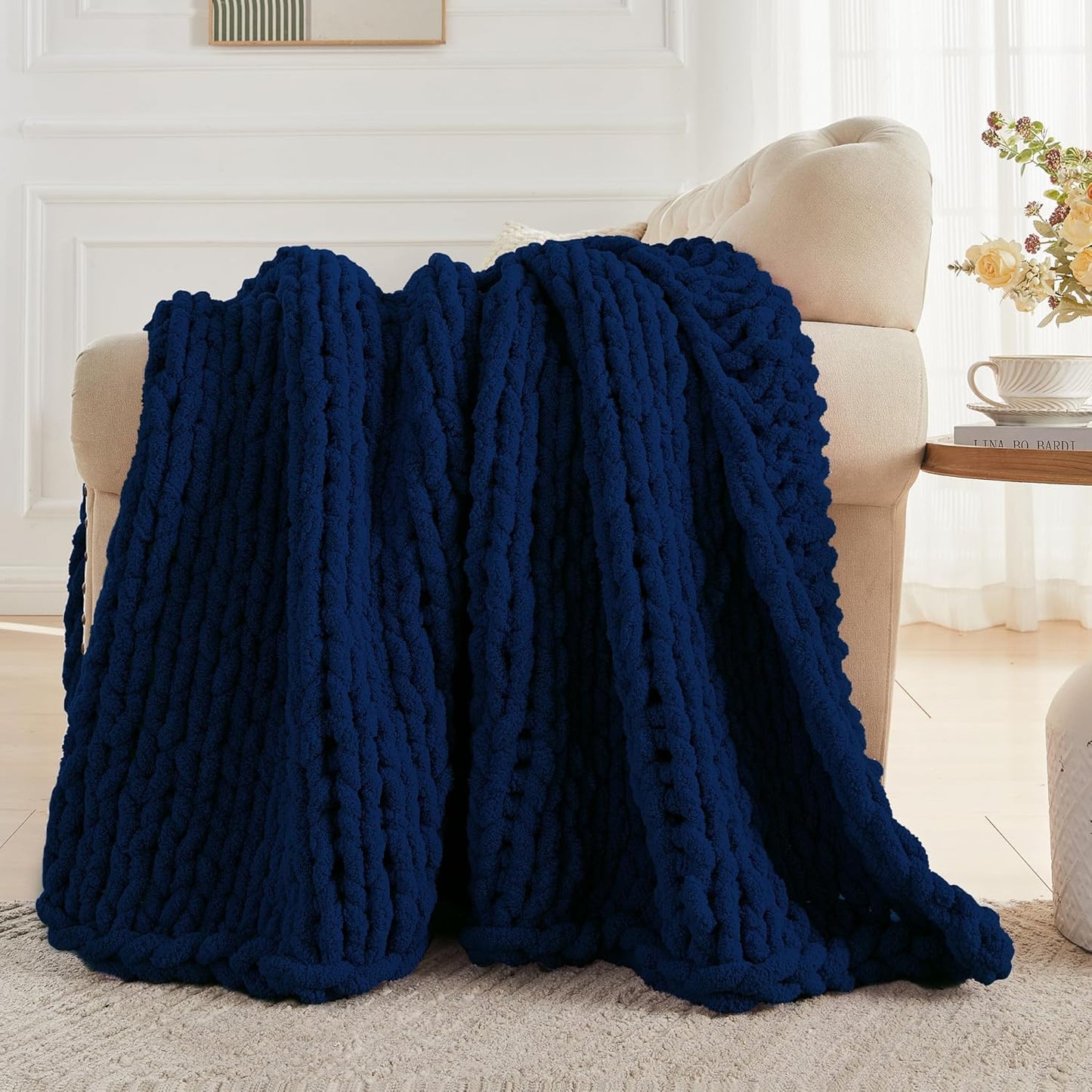 Carriediosa Chunky Knit Throw Blanket 60" X 80" Twin, 100% Hand Made Large Chenille Loop Yarn Soft Fluffy Throws for Couch Sofa Bed, Big Crochet Cozy Heavy Thick Cable Woven Blankets, Navy Blue