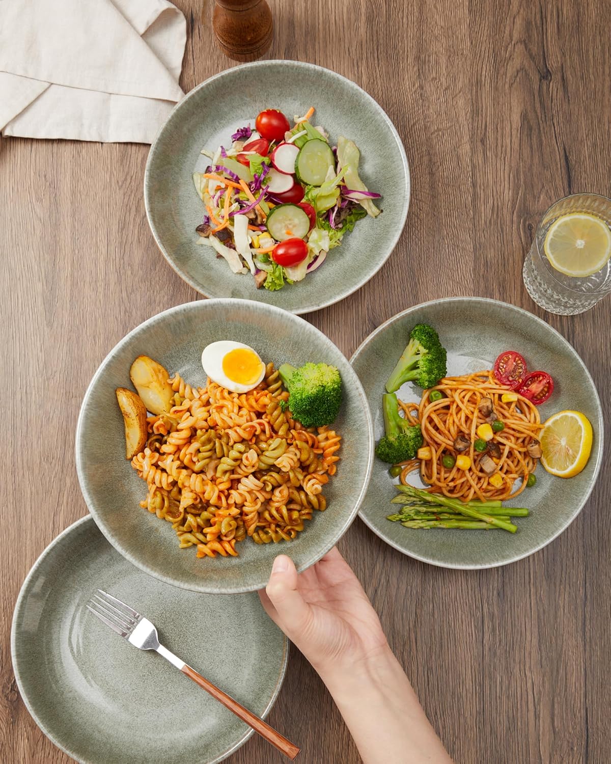 16 Piece Double Bowl Dinnerware Sets, Stain Resistant Dish Set with Pasta Bowls, Easy Cleaning Dishes, Multi-Functional Plate and Bowl, Stack Compactly Plate Set, Service for 4