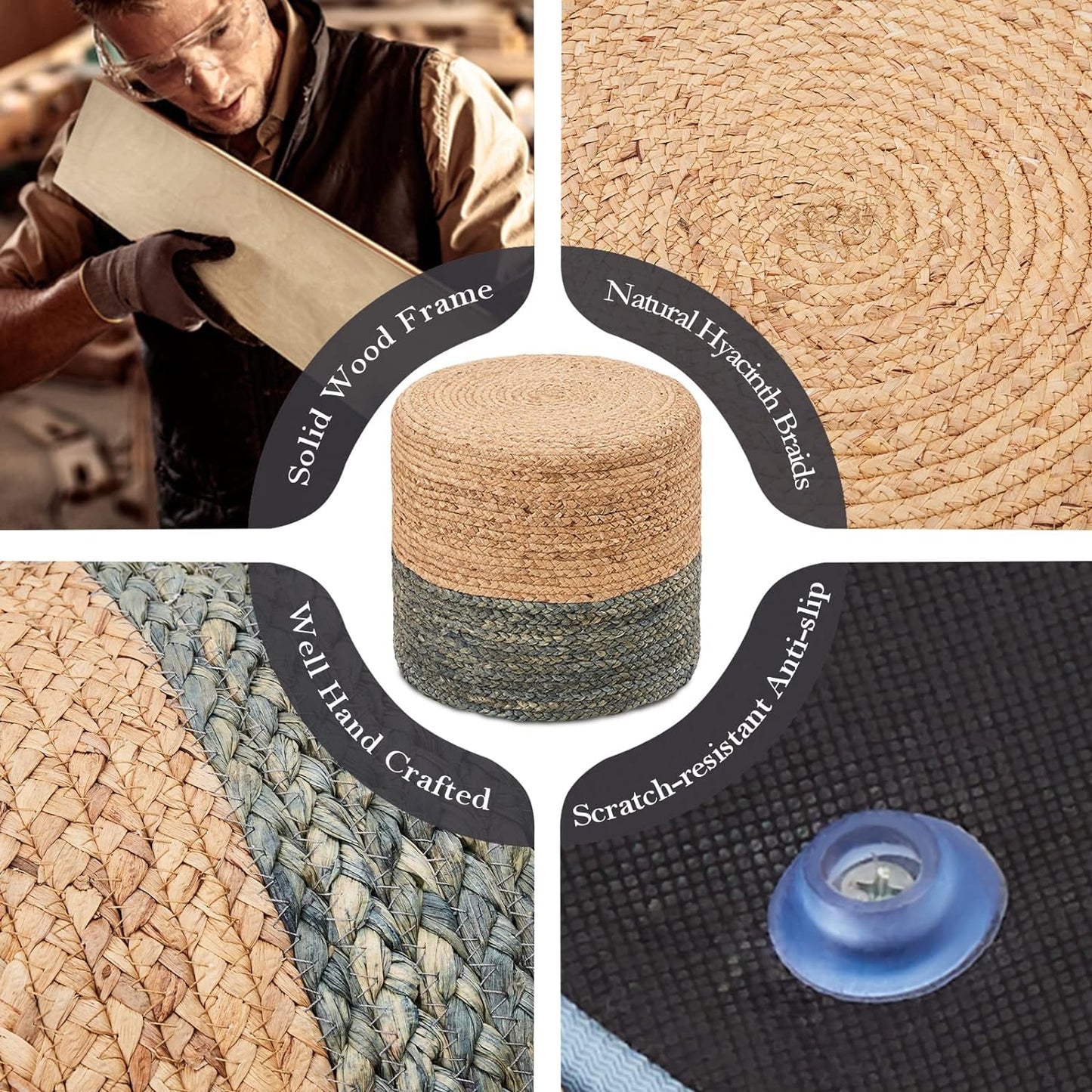 Wimarsbon 18'' Ottoman Pouf, Natural Braided Poof, Rustic Handweave Lounge Pouffe, Boho Footrest Stool for Bedroom, Accent Table or Seat for Living Room (Dusty Blue)