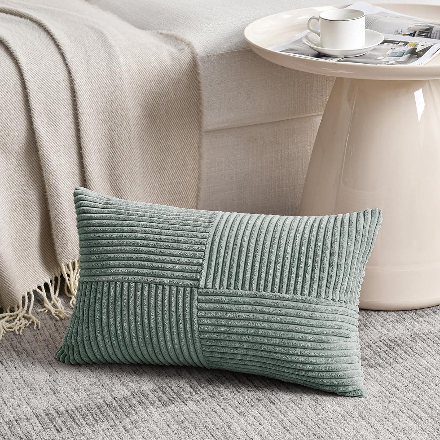 Fancy Homi 2 Packs Grey Blue Lumbar Decorative Throw Pillow Covers 12x20 Inch for Couch Bed Sofa, Rustic Farmhouse Boho Home Decor, Soft Striped Corduroy Rectangle Accent Cushion Case 30x50 cm