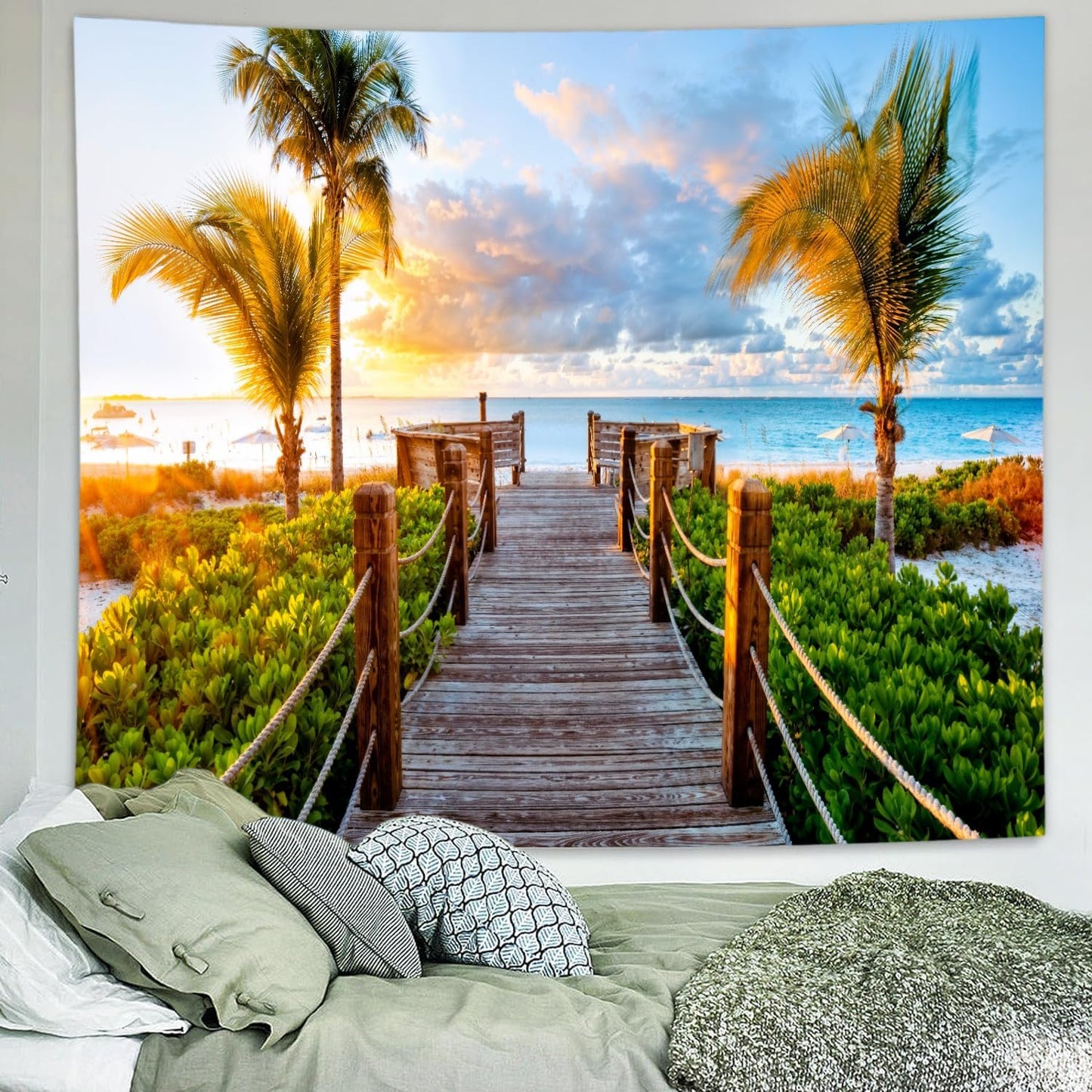 Delur Beach Sunset Tapestry Tropical Seaside Palm Tree Coastal Tapestry Wall Hanging Sunrise Nature Landscape Scenic Psychedelic Headboard for Bedroom Living Room Home Decor (70.8" x 92.5")
