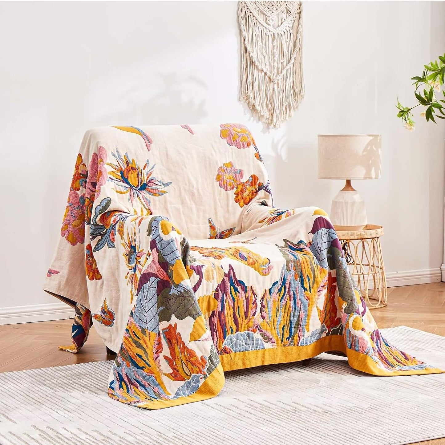 Boho Throw Blanket, 100% Cotton Ultra Soft Luxury Throw Rustic Quilt, 80"x90" Floral Bird Butterfly Farmhouse Decor Bed Blankets, All Season Rustic Reversible Bohemian Throw for Bed - Yellow