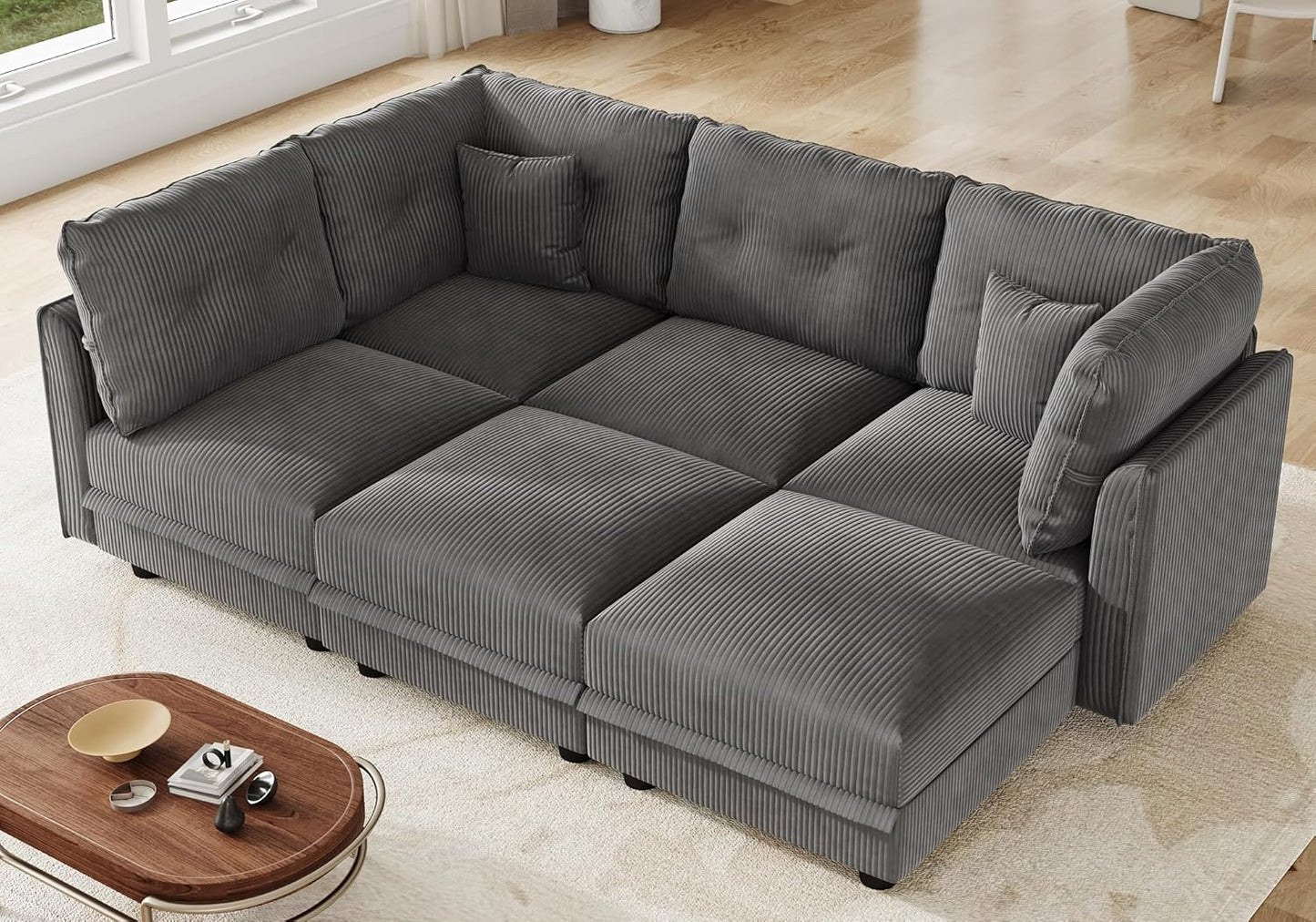 LLappuil Modular Sectional Sofa with Storage Seats, Corduroy Convertible Modular U Shaped Sectional Couch for Living Room, 6 Seat Oversized Sofa with 6 Back Cushion 6 Throw Pillow, Grey