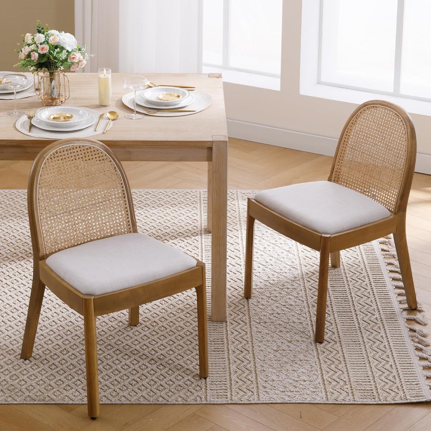 Mid Century Dining Chairs Set of 6, Accent Rattan Linen Fabric Side Chairs Kitchen Chair with Solid Wooden Legs for Living Room Dining Room, Beige