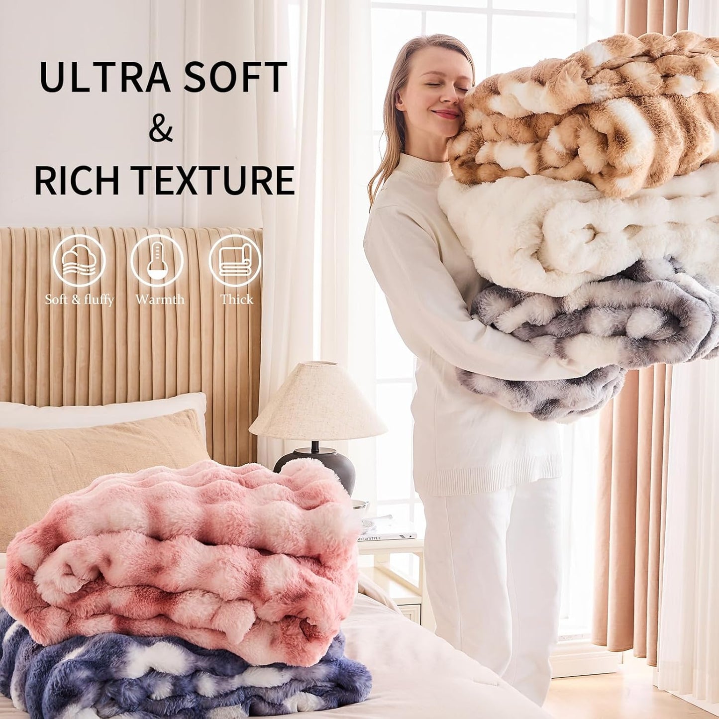 Cozy Faux Fur Throw Blanket for Bed-Warm Fuzzy Throw Blanket, Soft Plush Thick Bubble Blankets for Bedroom and Living Room, Furry Luxury Blanket, 60 x 80, Cream