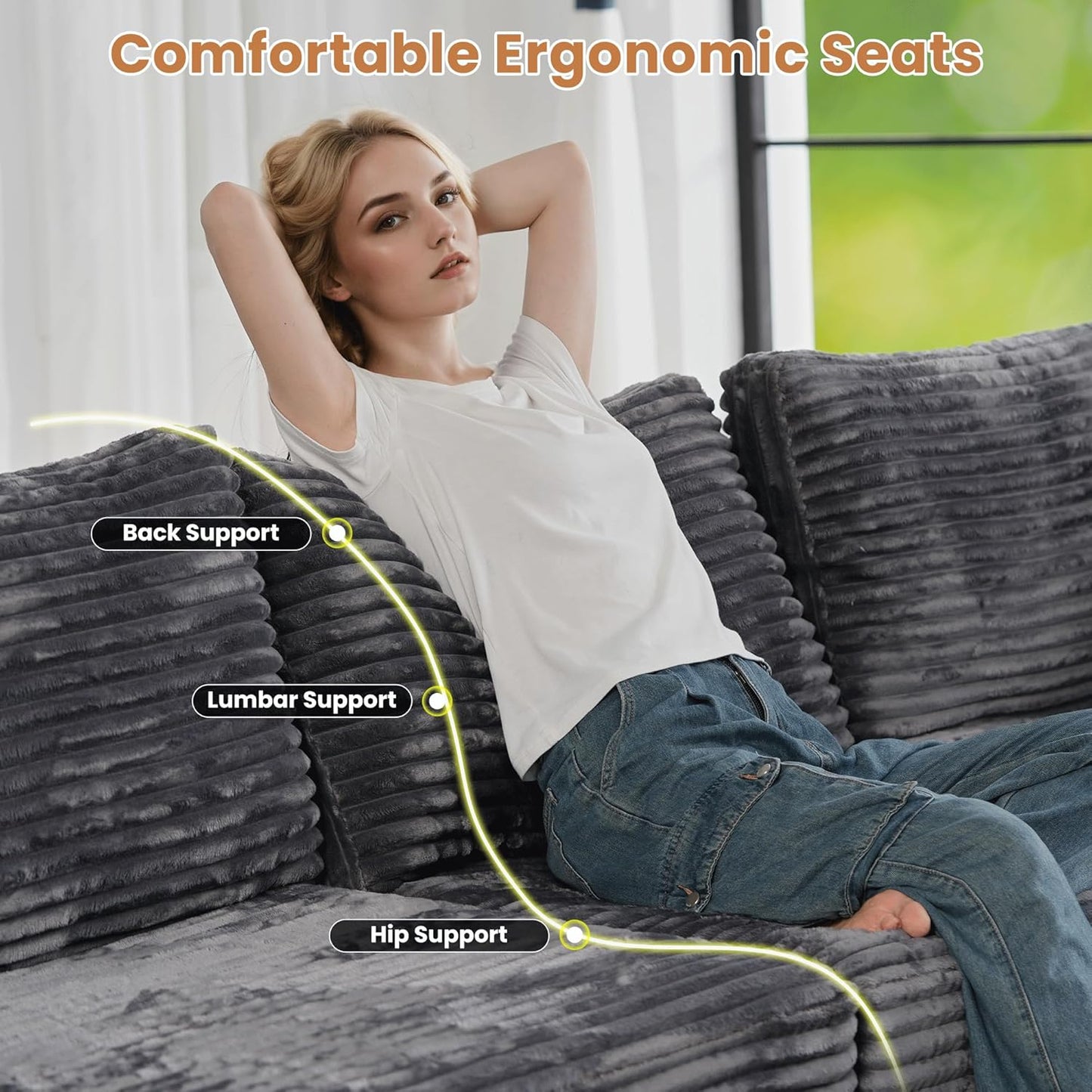 ovios Sectional Sofa Couch with U-Shape Chaise Sofa Bed, Comfy Modular Cloud Couches with Deep Seat, Modern Upholstered Plush Corduroy Sofas Set for Living Room, 6-Seater, Grey