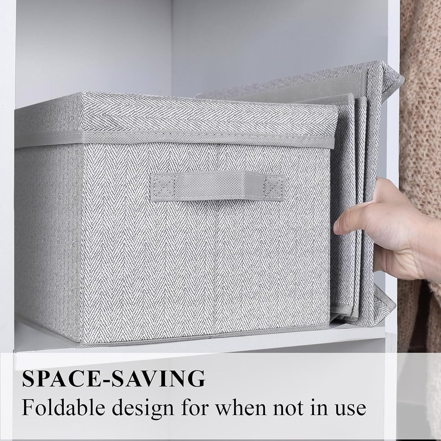 WUIKE 3 Pack Large Storage Bins with Lids, Fabric Closet Shelf Organizers, FoldableStorage Baskets with Cover for Bedroom, Herringbone Gray