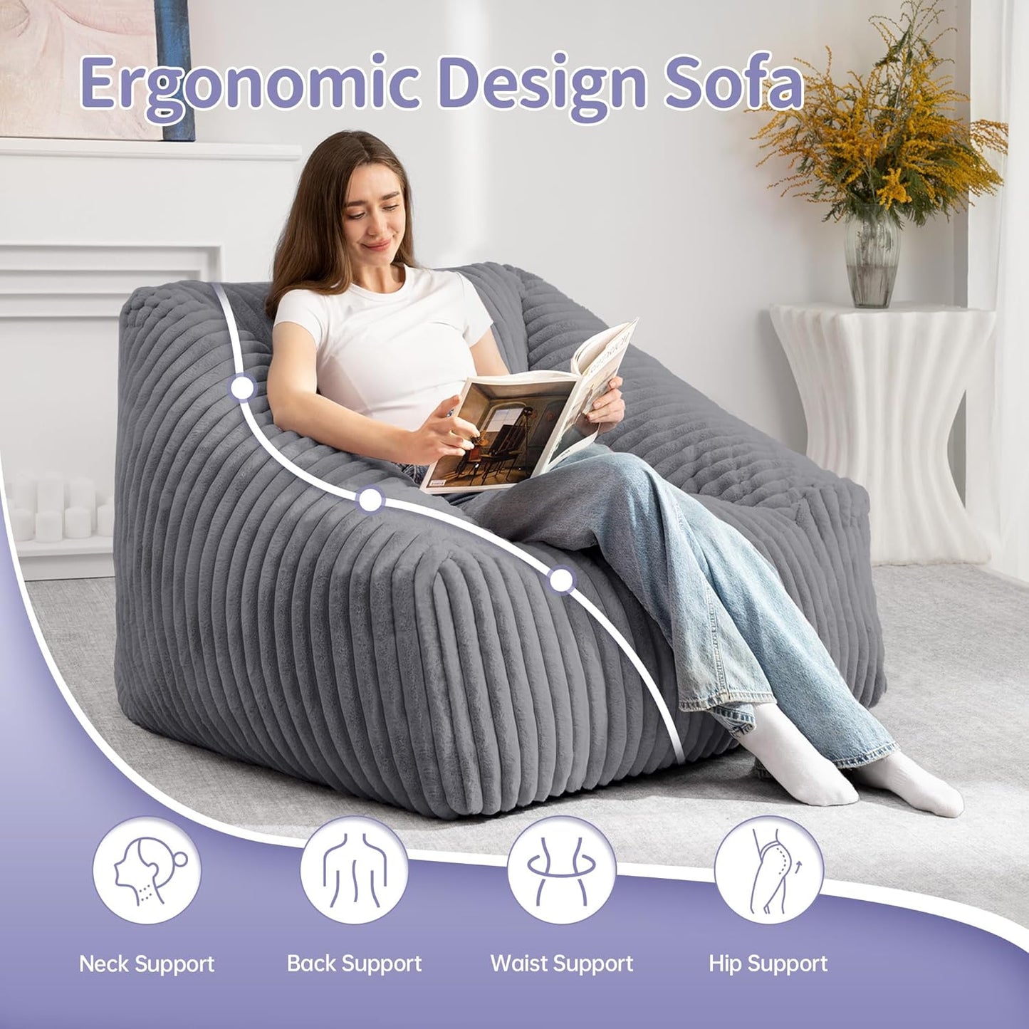 HABUTWAY Bean Bag Chair, Giant Bean Bag Chairs for Adults and Kids, Bean Bag Sofa, Lazy Floor Sofa, Faux Fur Beanbag Chair with Armrests for Living Room Bedroom (Grey)