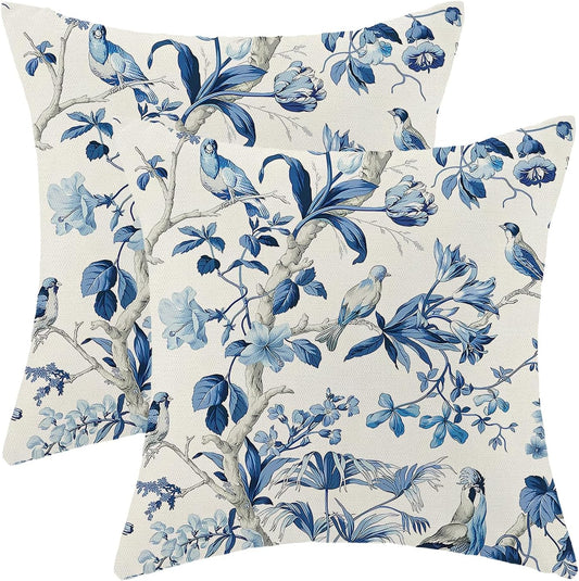CXMEIFLY Navy Blue Spring Floral Pillow Covers 18 x 18 Inch Set of 2 for Chinoiserie Flowers Bird Decor Throw Pillows Vintage Plant Outdoor Decorative Cushion Cases for Couch Bed Decorations