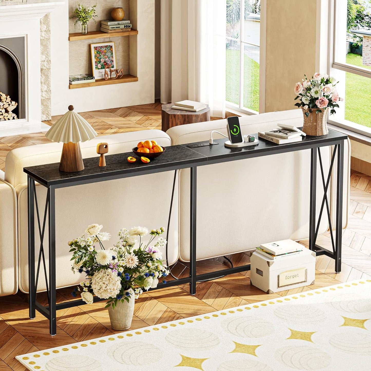 SUPERJARE 70 Inch Console Table with Outlets and USB-C Port, Extra Long Behind Couch Sofa Table with X-Shaped Design, Narrow for Entryway, Living Room, Metal Frame, Wooden Top, Black