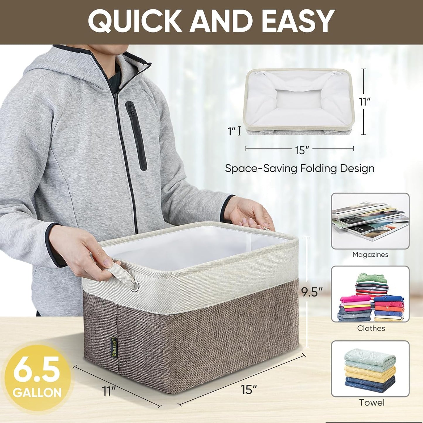 BALEINE 1 Pack Fabric Storage Bins for Shelves, Linen Storage Baskets for Organizing, Decorative Closet Bins for Clothes, Home (Brown, 15''x11''x9.5'')