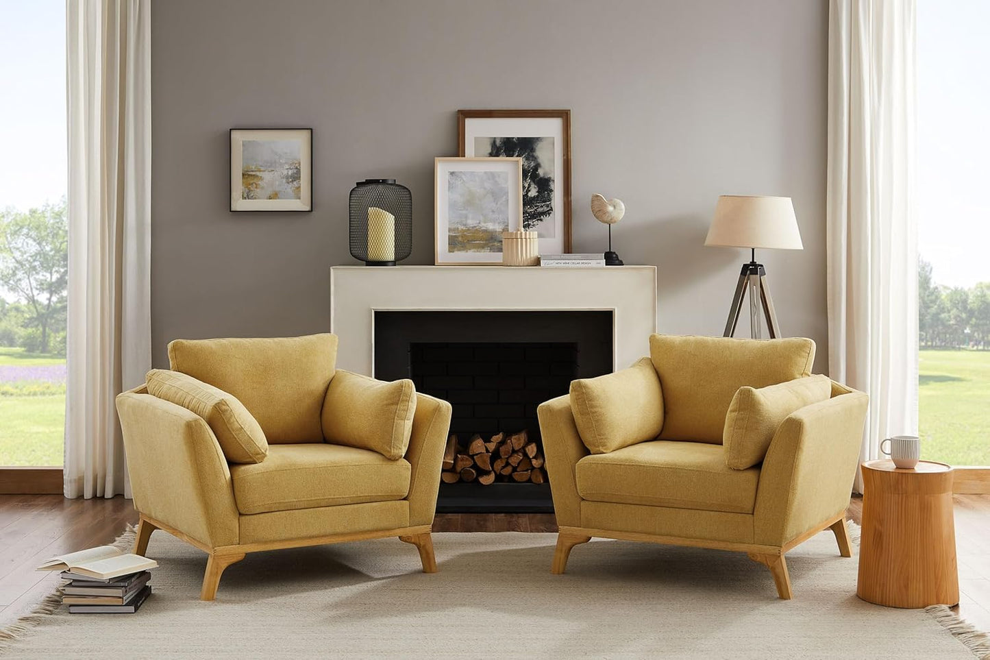 Large-Sized Accent Chair, Thick Cushion Bedroom Reading Chair, Comfortable Living Room Single Sofa, Linen Yellow