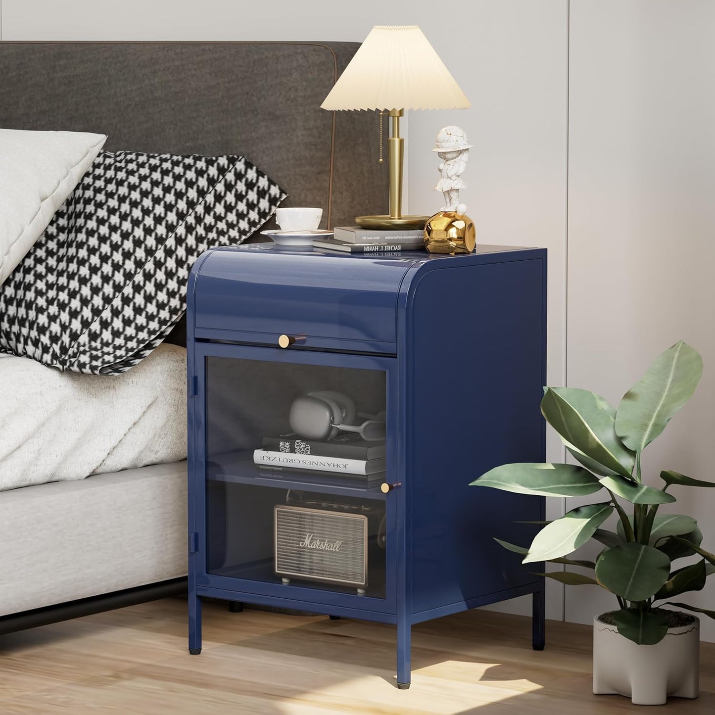 Modern Metal Side Tables, End Tables with Glass Door, 2-Tier Nightstands with Storage Shelves, Accent Table, Slim Sofa Table for Living Room, Bedroom (1, Bule)