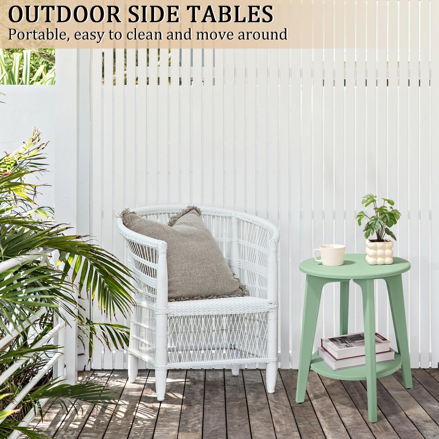 Round Side Table Green Wooden End Table with Lower Shelf Rustic Vintage Nightstand Beside Table for Living Room Bedroom Small Spaces