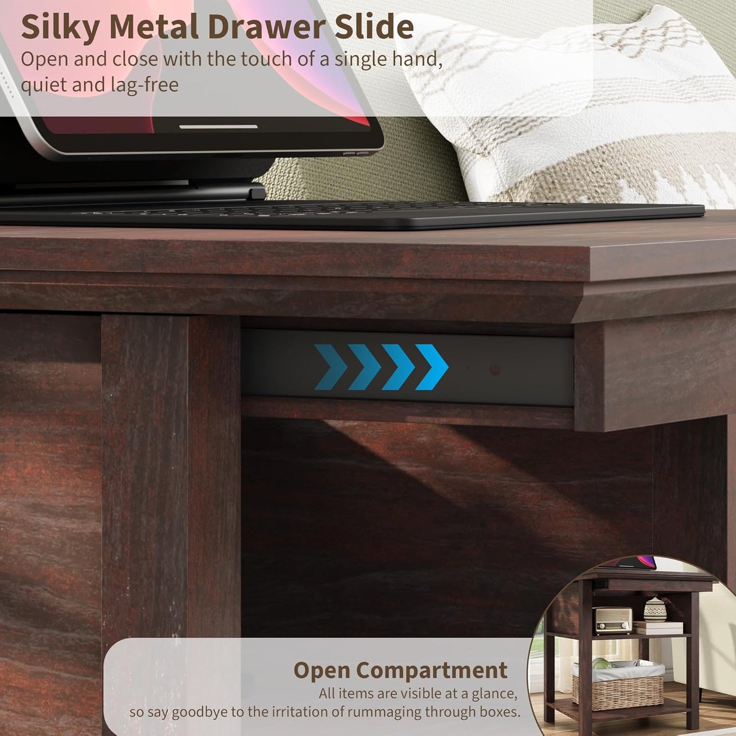 Rresyet Sliding Side Table Set of 2 with Charging Station & 2-Tier Storage,Farmhouse End Table, Wooden Nightstand for Bedroom & Living Room,Cherry