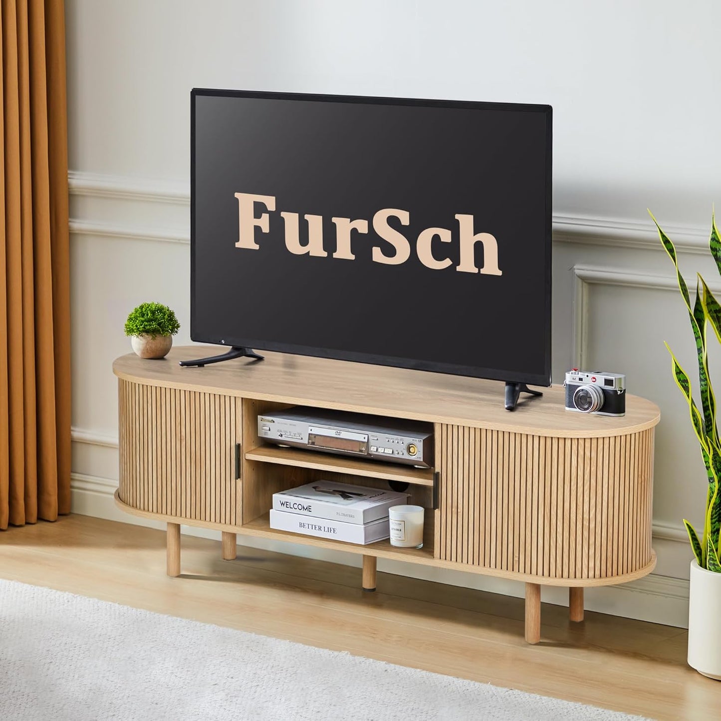 54" Tambour Door TV Stand,Wood Mid Century Modern TV Cabinet for Up to 65“ TV,Curved Edge Long TV Stand with Storage for Bedroom Living Room(Natural, 54inch)